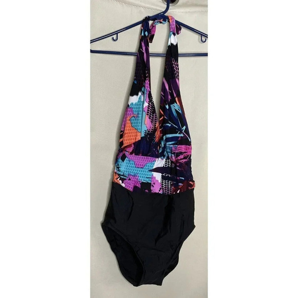 Aqua Green Women's  Black One Piece Swimsuit Abstract Floral Top Halter Sz M NEW - Picture 3 of 6